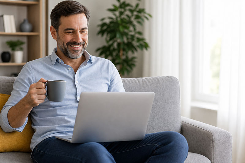 Proprietário remoto acompanhando administração de imóvel no laptop